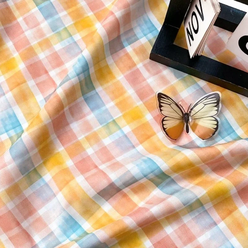 L100cm X W150cm Yellow Stripe Check Plaid Digital Print Pure Cotton Fabric Dress Shirt Handmade DIY Home Craft Material Textile