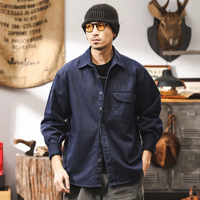 

Men's Spring and Autumn's new bamboo joint texture shirt, loose long-sleeved shirt, retro denim jacket