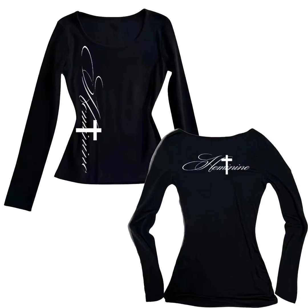 

Y2K Harajuku Vintage Streetwear Gothic Grunge Punk Printing Women's Long Sleeve Tee Casual Slim Fit Sexy Chic Emo Girls Crop Top