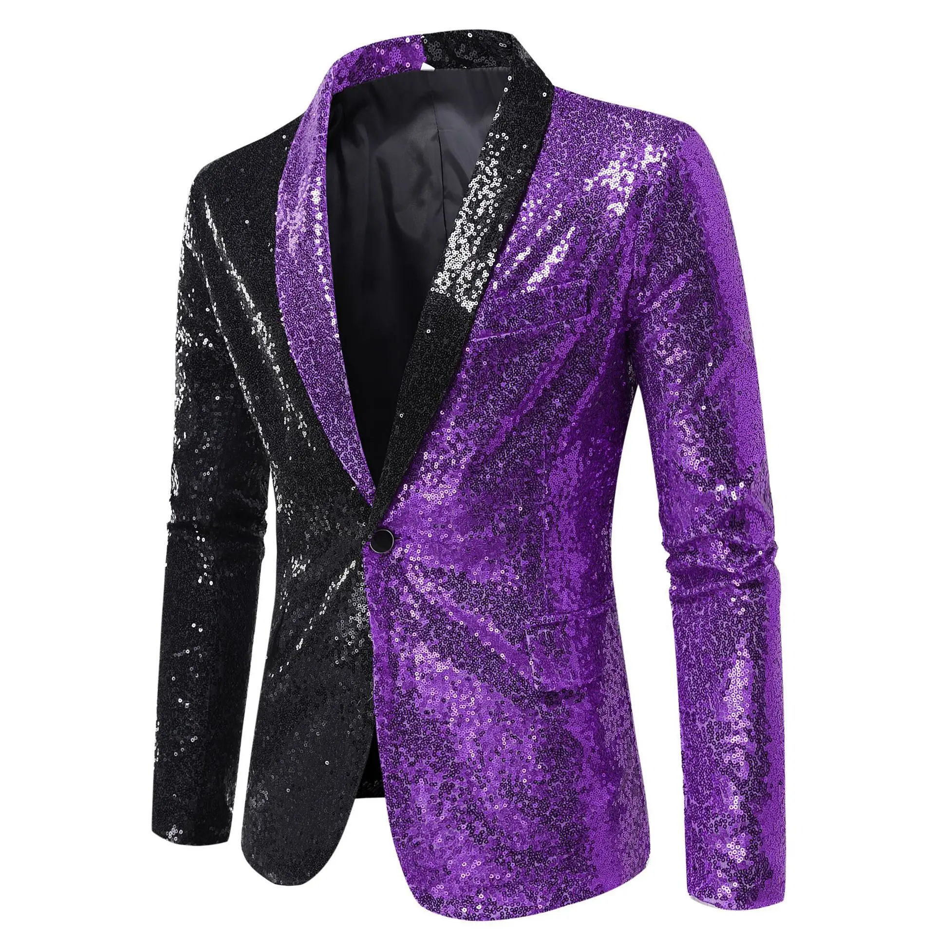 Fashion One Button Shawl Lapel Blazer Suit Jacket Men Shiny Black Purple Sequins Blazers Men Stage Dance Club Party Clothing XXL