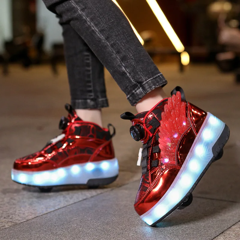 LED Unisex Children High Shoes With USB Recharge Boys & Girls Flash Roller Skates Two Wheels Kids Flying Sneakers Size 30-40