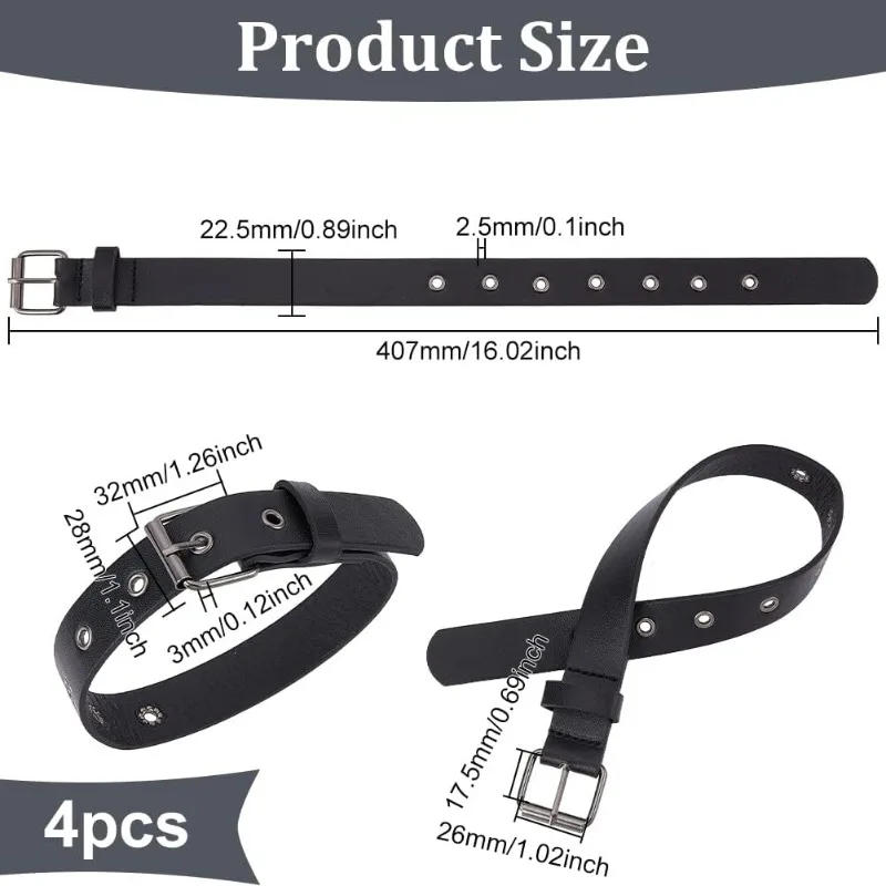 4 Pcs Traditional Kilt Extender Straps Leather Cuff Belt Buckles 0.9x16 inch Black PU Leather Adjustable Belt with Metal Square