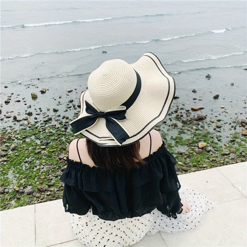 Straw Spring Summer Wave Bow Bucket Hat Women Girls Cap Beach Seaside Sunscreen Big Brim Fisherman Hat Travel Holiday Sun Hat