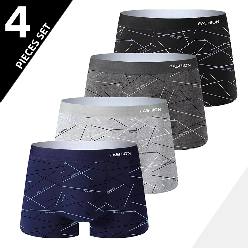 

4Pcs/Set Men's Underwear Comfortable Soft Stretchy Fashionable Daily Line Print Intimate Boxer Briefs Sporty Breathable Boxers