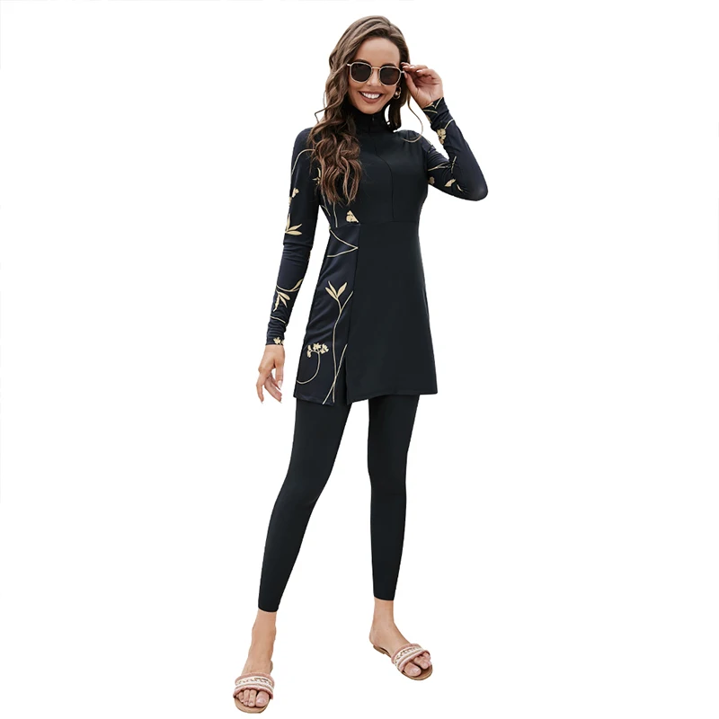 

2PCS Women Modest Muslim Swimsuit Islamic Ladies Beachwear Burkinis Black + Yellow Flowers Print Patchwork