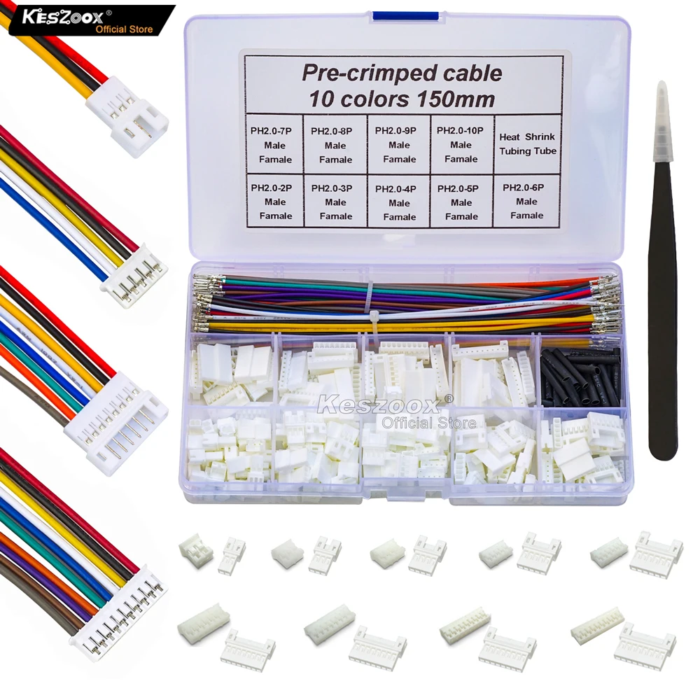 

Yoeruyo JST PH2.0mm Male/Female Housing 22AWG Cable Connector Kit 266Pcs 2/3/4/5/6/7/8/9/10Pin Crimped Terminal Wire Adaptorr