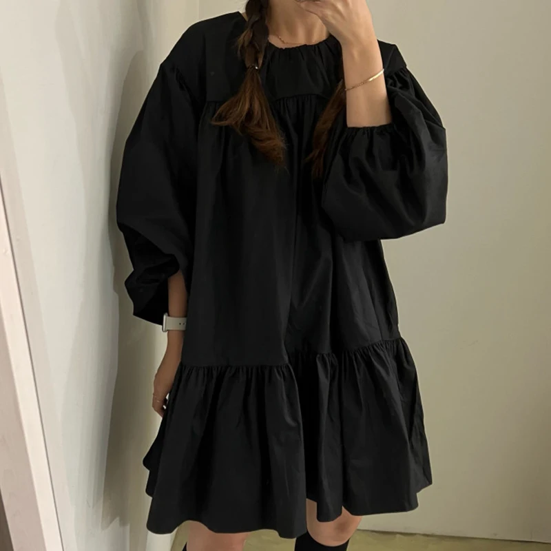 Vestido Casual Solto com Design de Camadas Psadas e Decote Redondo Simples, Estilo Vintage Chic de Outono, Moda Fena E...