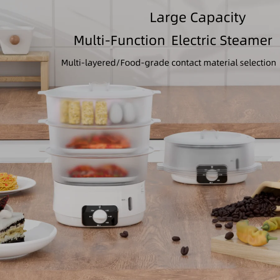 1 pc white electric steamer with detachable and freely combinable 13L large capacity timer, suitable for home kitchen cooking