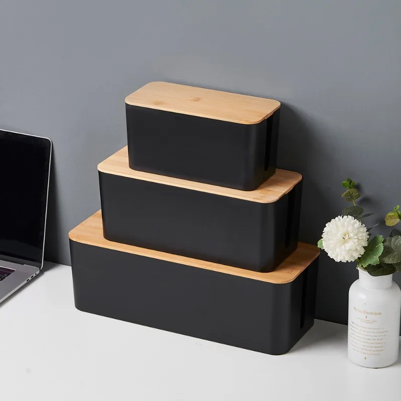 Bamboo Wood Wire Storage Box Data Cable Storage Power Cord Management Box Organizer Box Socket Computer Cable Strip Plug Box