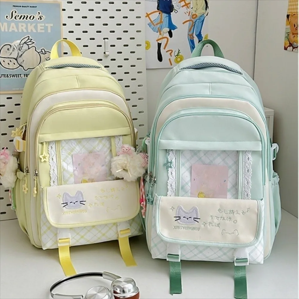 Nylon Hollow Lace Backpack Color-blocked Preppy Style Large Capacity School Bag Transparent Durable Cat Plaid Backpack