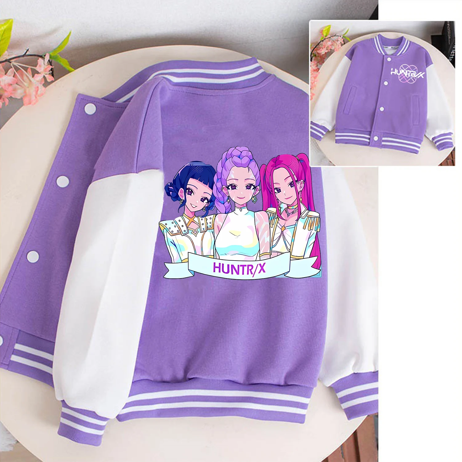 Kpop Demon Hunters Baseball Uniform dla dzieci Kawaii Cartoon Coat Purple Jacket Fashion Anime Clothes Kids Long Sleeves Gift
