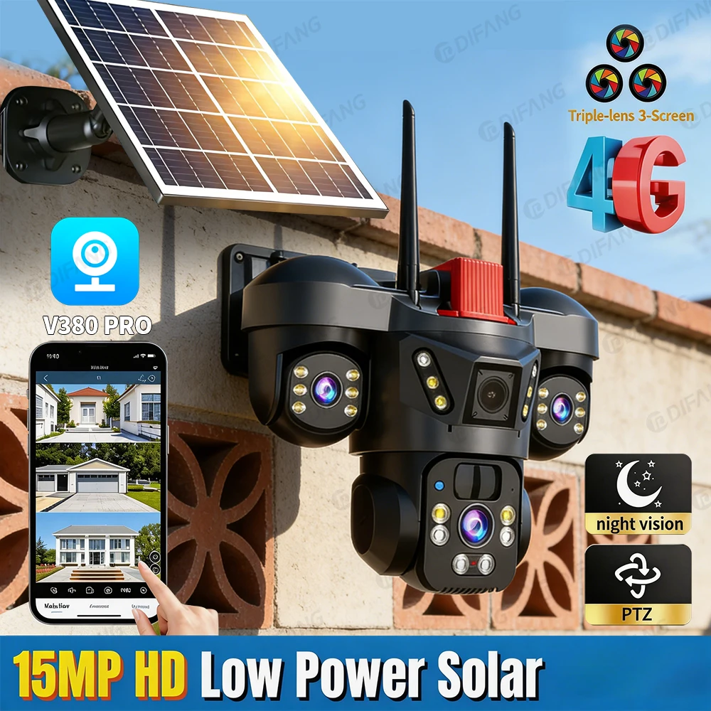 V380 Pro WiFi Solar Security Camera, 3 Screen 10X Zoom Outdoor Wireless, 4G CCTV with SIM Card Support Auto Surveillance Monitor