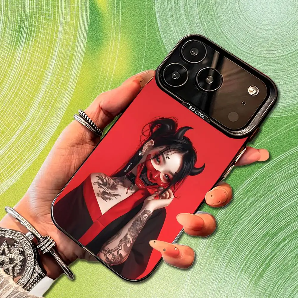 Art Warrior Woman Japanese Phone Case For iPhone 14,17,13,12,11,16,15,Mini,Pro,SE,XS,MAX,Black Matte Silicone Cover