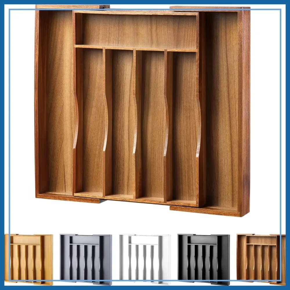 

Expandable Acacia Kitchen Drawer Organizer for Cutlery and Utensils, Adjustable Wood Tray for Flatware