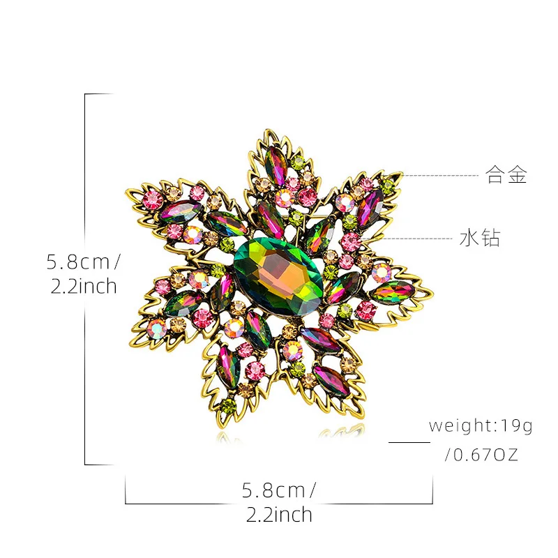 Broche de flor de planta con incrustaciones de diamantes de colores de moda transfronteriza con una sensación de gama alta y Flor de pecho de cristal de gama alta