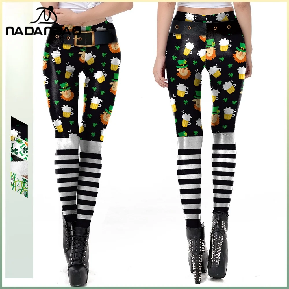 

Nadanbao St. Patrick's Day Clover Beer Print Leggings Irish Green Festival Party Pants for Women Black Stripe Elastic Trousers