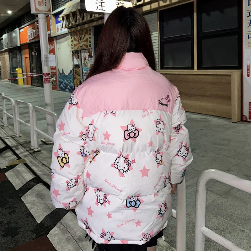 Sanrio-Parkas de algodón de Hello Kitty Y2k para mujer, chaquetas de plumón Harajuku, abrigo holgado con cremallera de retazos, chaqueta cálida