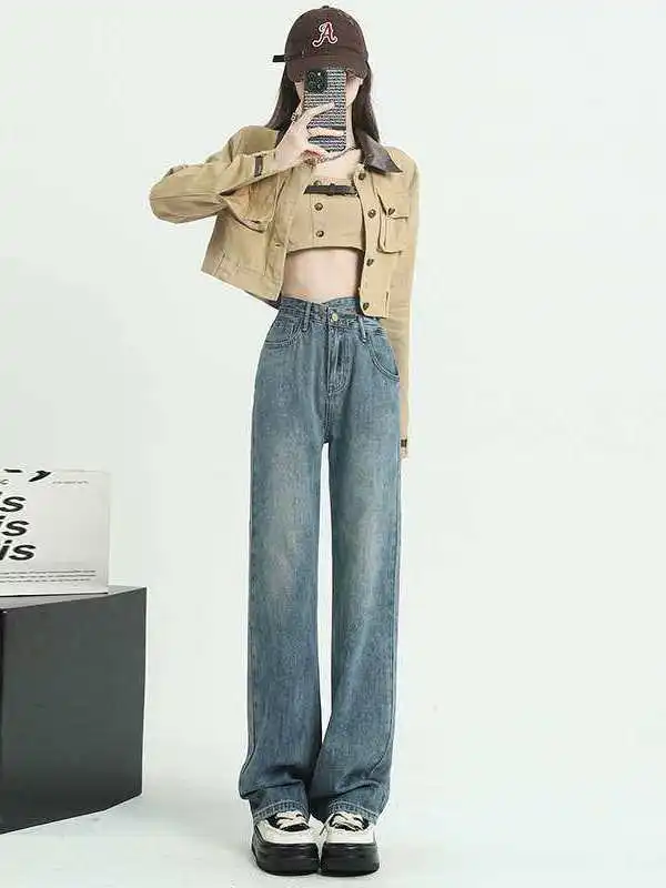 

Винтажные женские джинсы с высокой талией и прямым кроем, дизайнерские, идеально сидящие, из ткани с эффектом водной стирки, средней эластичности, из полиуретана, весенняя коллекция