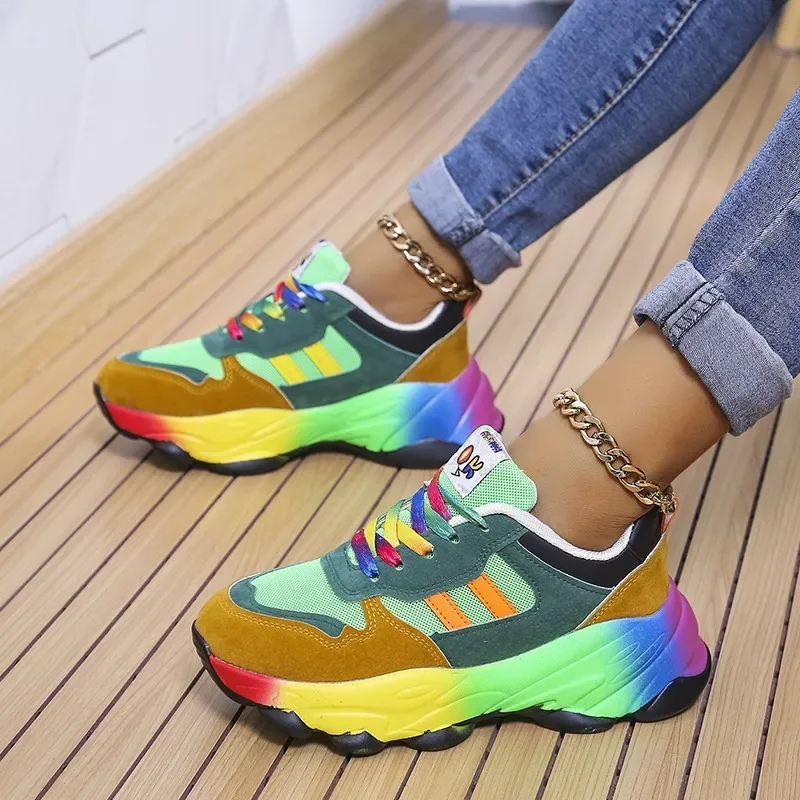 Sneakers Women\'s Platform Sports Shoes Rainbow Lace Up Multicolor Real Leather Vulcanize Shoes Casual Running Shoe Footwear