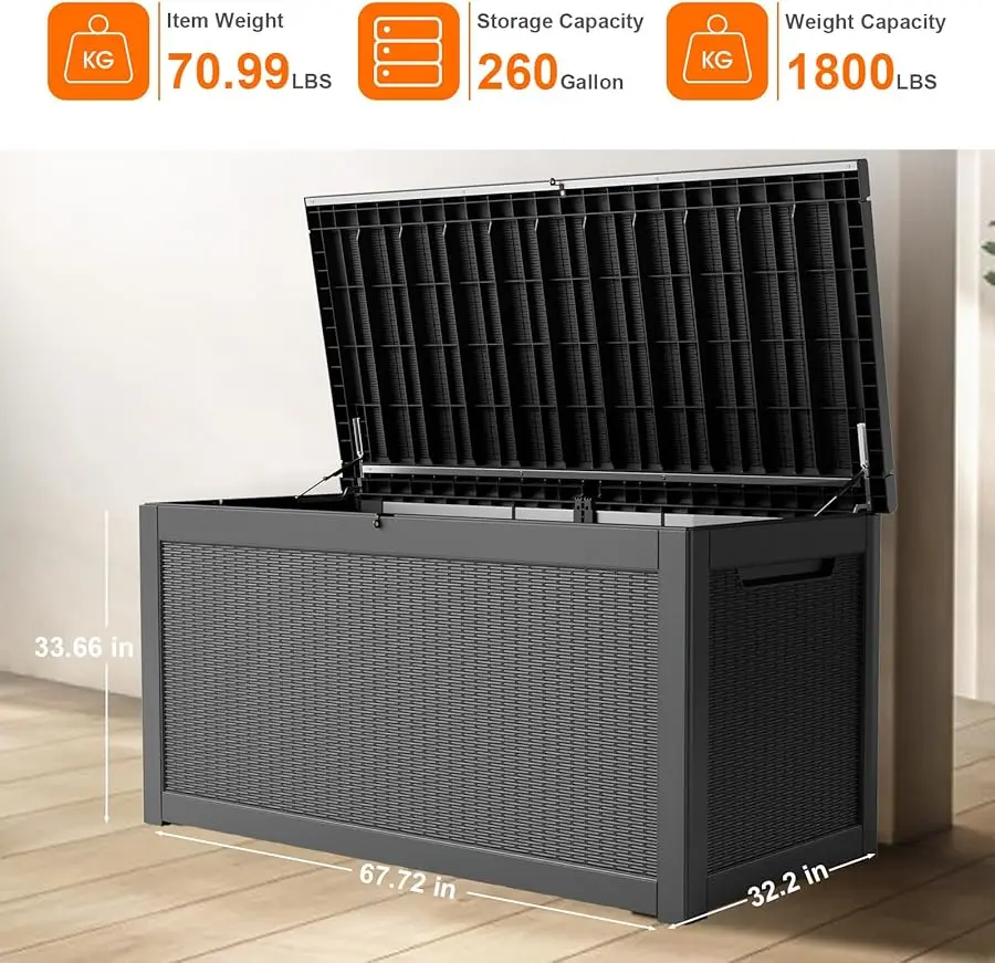 260ガロン樹脂製デッキボックス、鍵付きパティオ屋外収納ボックス（家具、ガーデンツール、工具収納用）、防水仕様