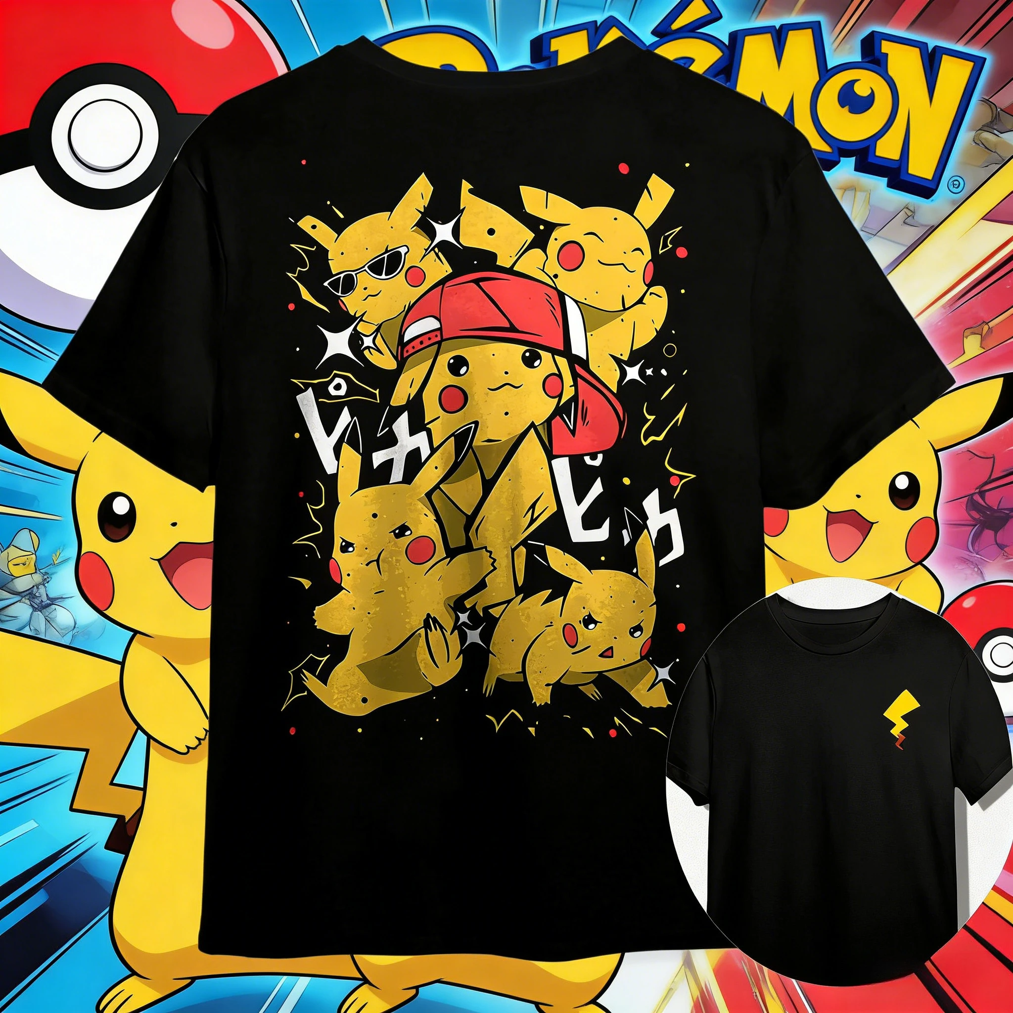 

2026 Summer Pokemon Street Style Pikachu Group Print T-Shirt, 100% Cotton Loose Oversized Family Tee for Travel Game & Sports