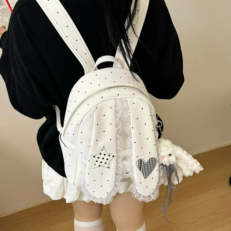

Creative Cute Bunny Ear Backpack Fashion Polka Dot Lace Decor Japanese Lolita Girl Preppy Backpack Lightweight Nylon Handbag