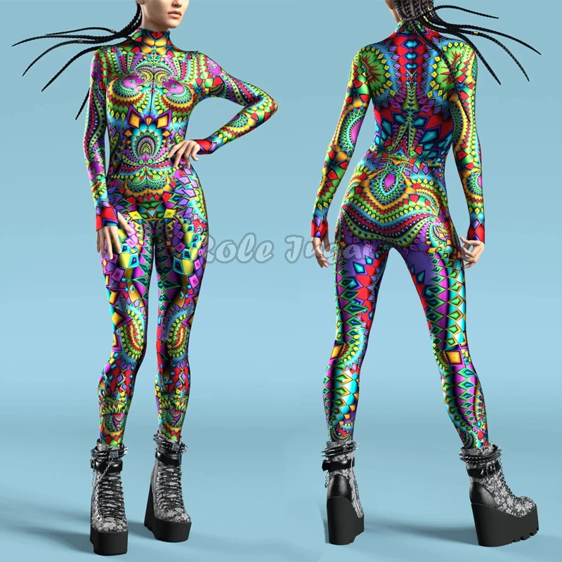 Multicolour Printing Jumpsuit Cosplay Costume Women Kids Sexy Long Sleeve Slim Elastic Bodysuits Halloween Holiday Party Rompers