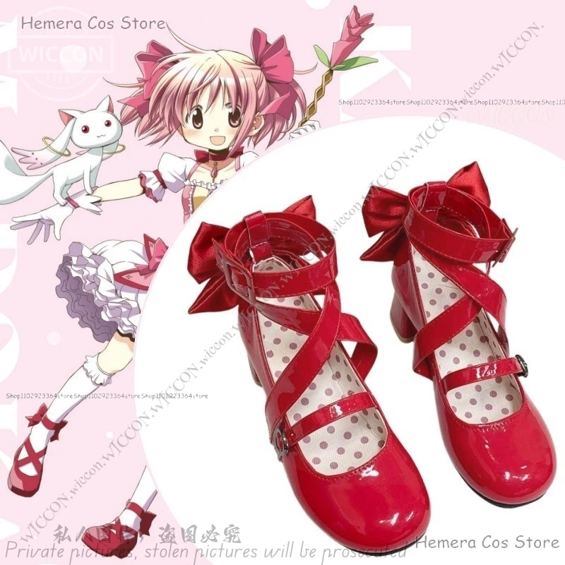 Kaname Madoka Anime Puella Magi Madoka Magica Cosplay zapatos mujer Lolita Lazo Rojo tacones altos botas de cuero disfraz de Halloween Prop