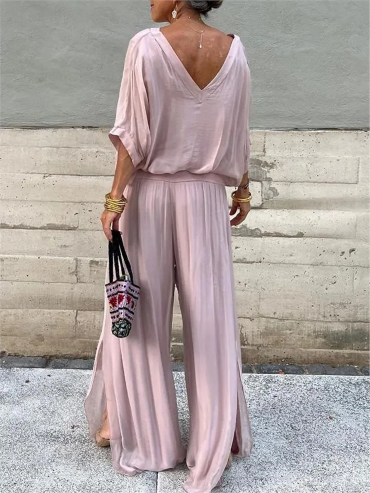 2024 Summer New Women\'s Clothing Sexy V-neck Backless Fashion Solid Color Five Quarter Sleeve Wide Leg Pants Chiffon Set