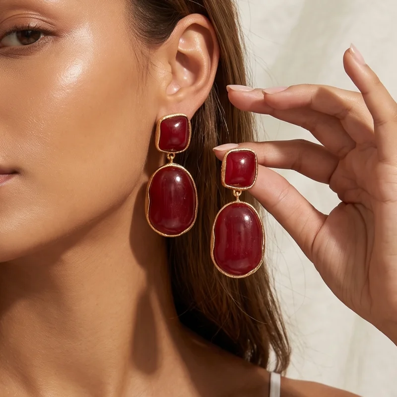 Pendientes colgantes geométricos de doble capa de resina rojo burdeos/blanco vintage, joyería elegante y retro para fiestas de noche para mujeres.