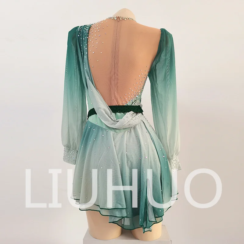 LIUHUO สเก็ตน้ําแข็งชุดแขนยาวสีเขียวหญิงวัยรุ่นยืด Spandex การแข่งขันชุด