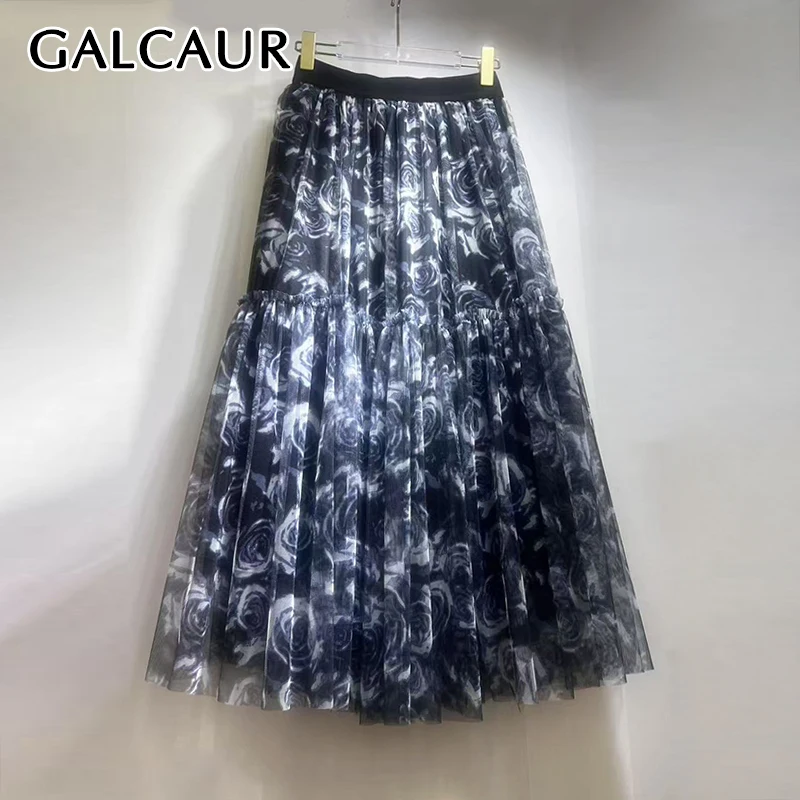 

GALCAUR Colorblock Loose Spliced Mesh Fashion Skirts for Women High Waist Patchwork Printing Temperament Skirt Female Clothing