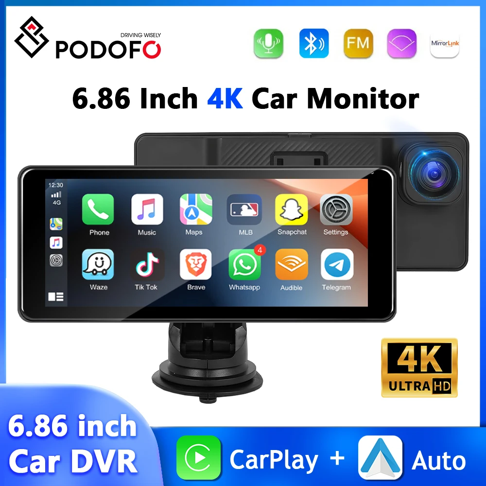 

Podofo 4K Front Camera Car DVR ADAS Car Monitor Carplay Android Auto 6.86inch IPS Screen Night Vision Drive Recorder Dashboard