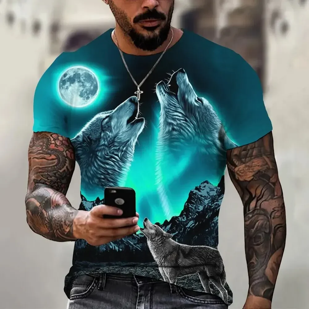 Summer Men\'s Casual Fashion Double Wolf Roar Printed Short Sleeve Top T-Shirt