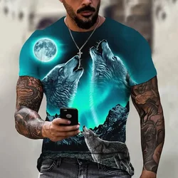 Summer Men's Casual Fashion Double Wolf Roar Printed Short Sleeve Top T-Shirt