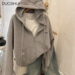 DUOJIHUI-Hoodies bordados com carta chique para mulheres, com capuz simples, cordão, capuz solto casual, cinza avançado, moda feminina, primavera