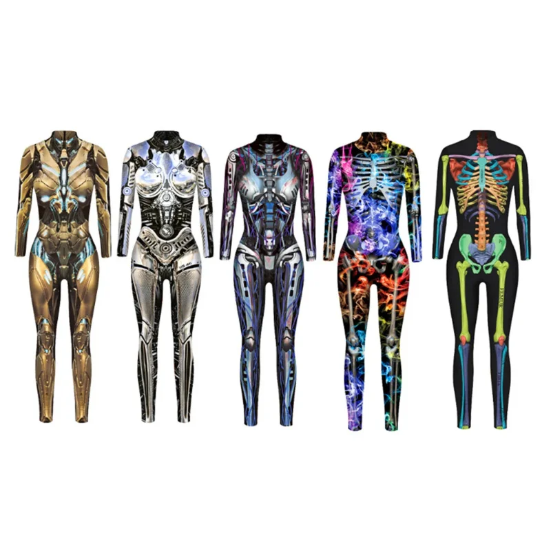 Novo feminino halloween assustador futuro tecnologia estilo robô esqueleto osso impressão macacão sexy feminino apertado catsuit trajes cosplay