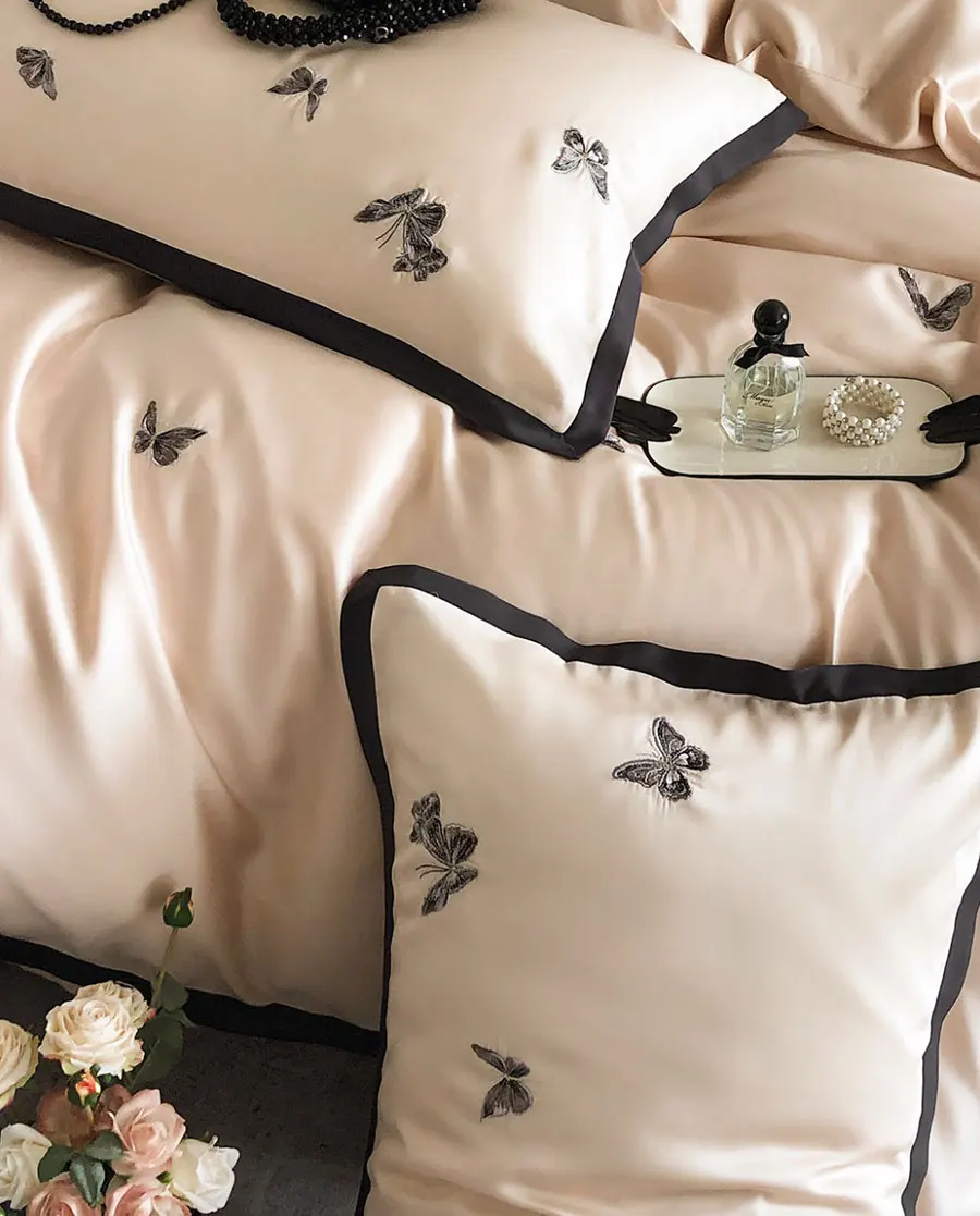 Elegant fashion cool embroidered butterfly black pink bedding set,full queen king home textile bed sheet pillow case duvet cover