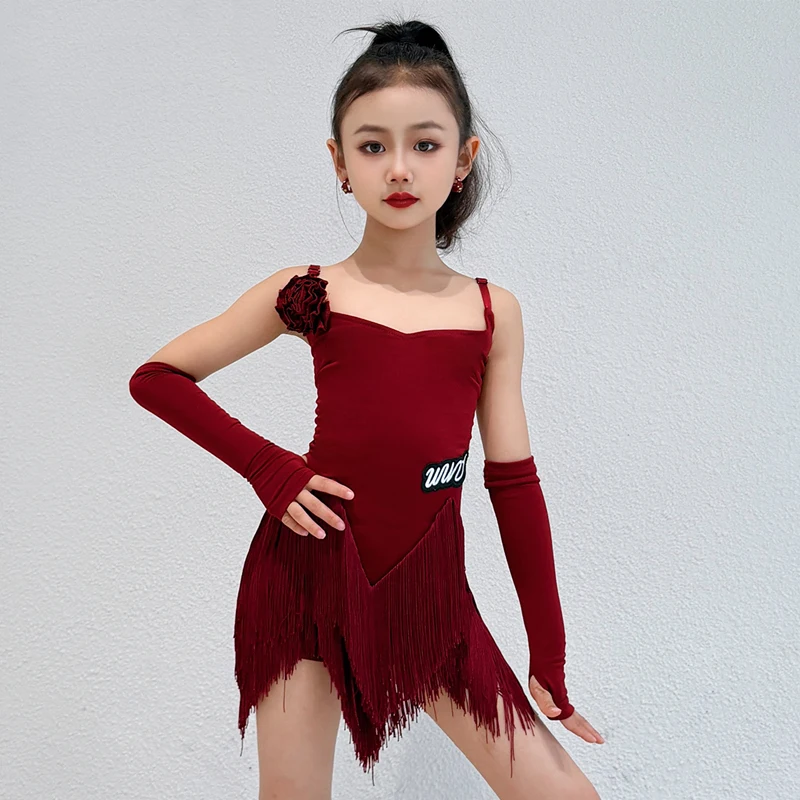 

Kids Salsa Samba Latin Dance Practice Suit Red Latin Dance Fringed Dress Children'S Latin Dance Performance Clothing SL15661