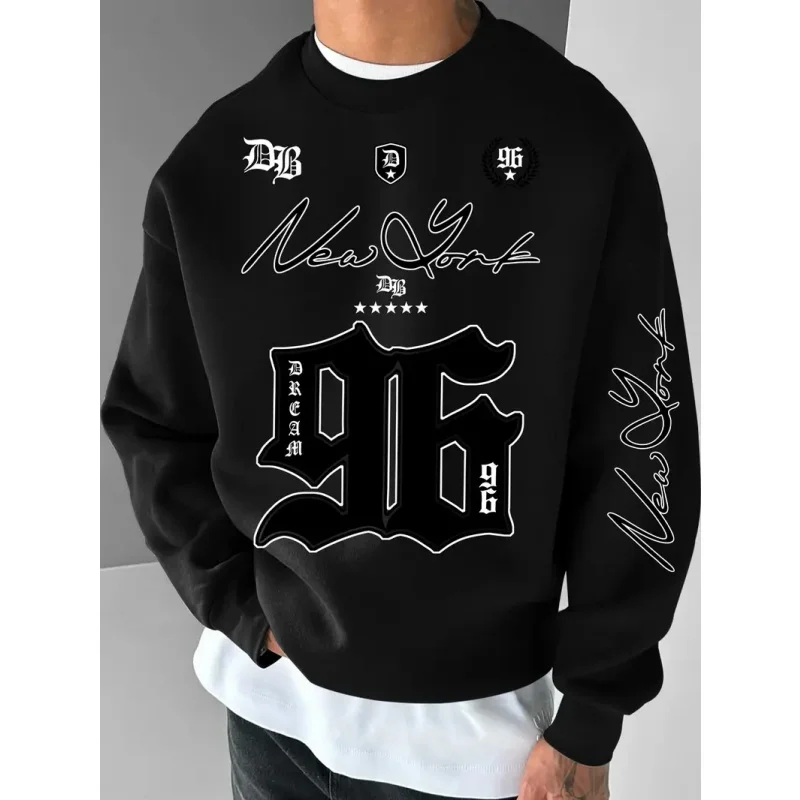 

2025 men's round neck sweatshirt, comfortable clothing for weekend outings, slogan print, breathable material, long-sleeved top