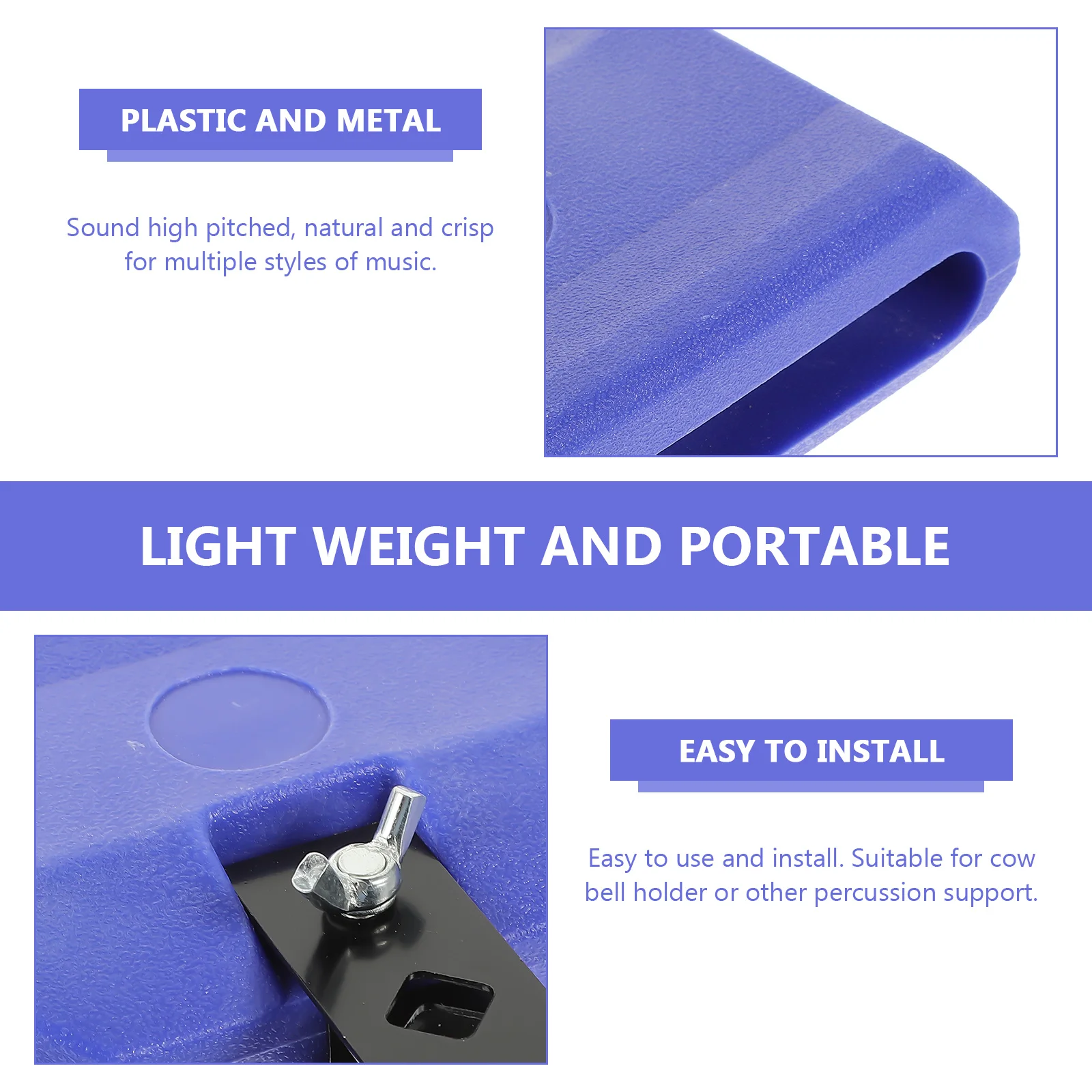 طبلة معدنية بلاستيكية متينة، ملحقات جرس البقرة، صوت عالي النبرة، أنماط موسيقية متعددة، مطرقة مشبك تخزين سهلة الحمل