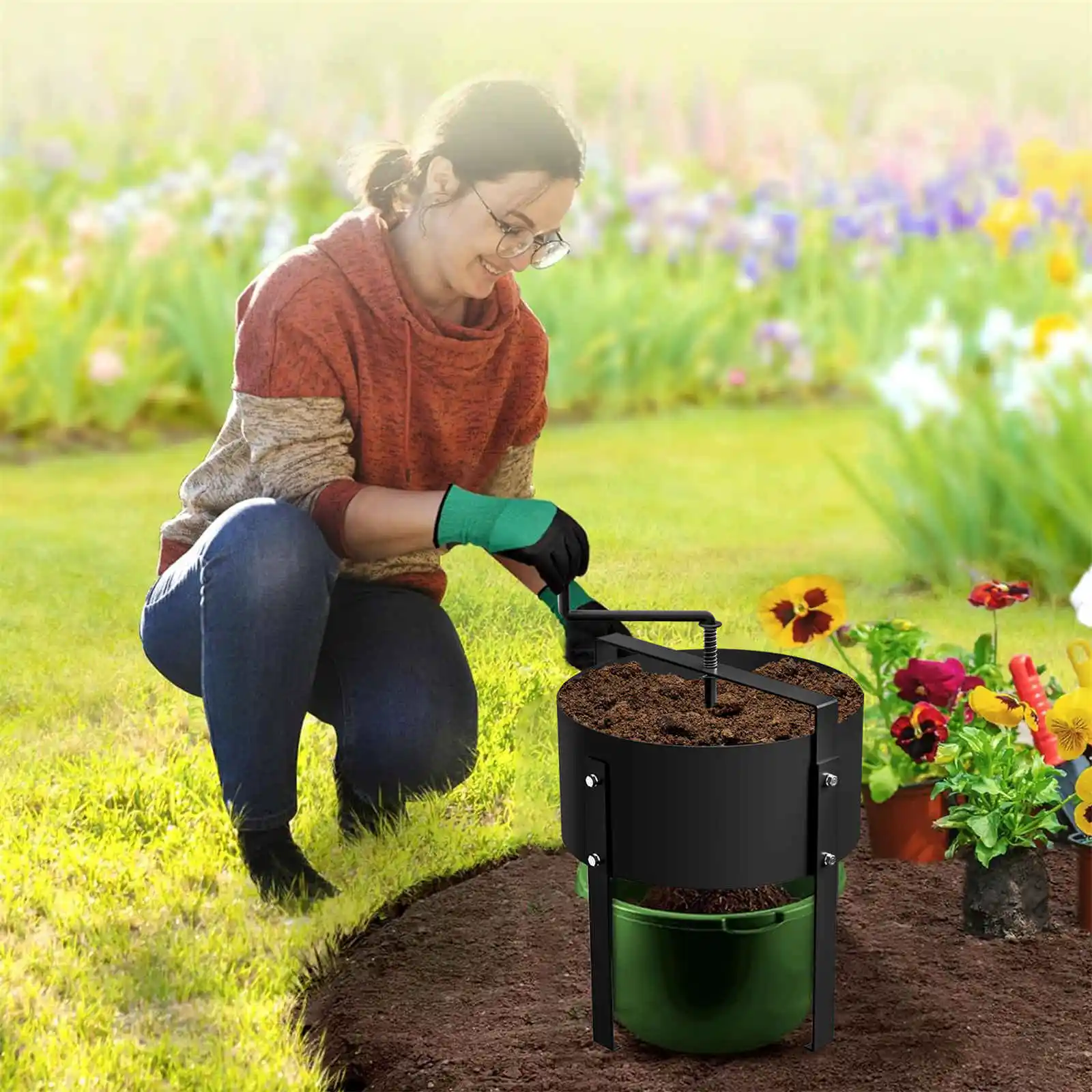 

Rotary Soil Sifter, Fine Mesh Large Rock Strainer, Carbon Steel Sifting Screen with Gloves and Shovel for Sawdust Pellets