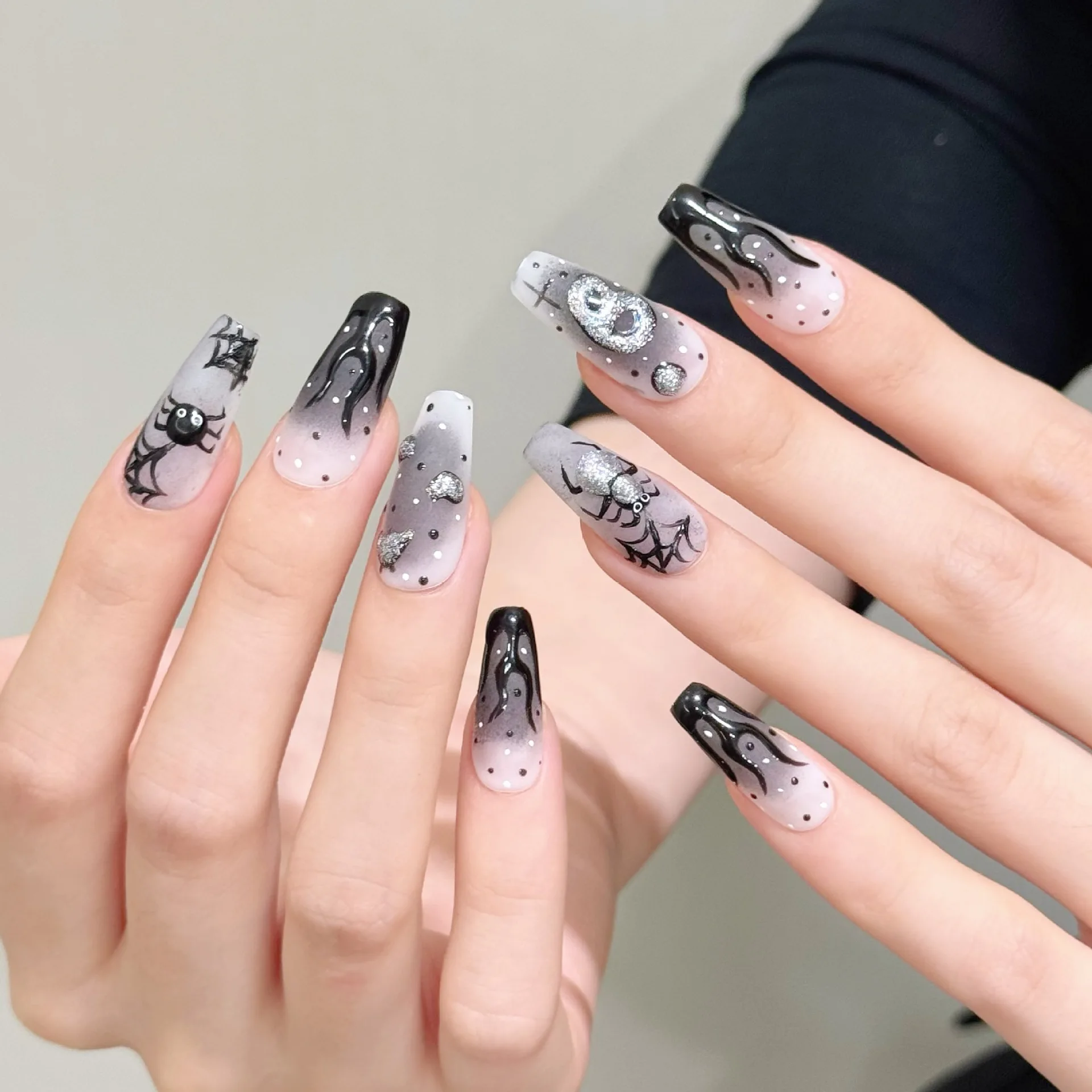 

10 PCS Luxury Handmade Press on Nails Middle Ballet Hand-painted ghost Design with 3-PIECE Tool Adhesive Nail Glue Tabs