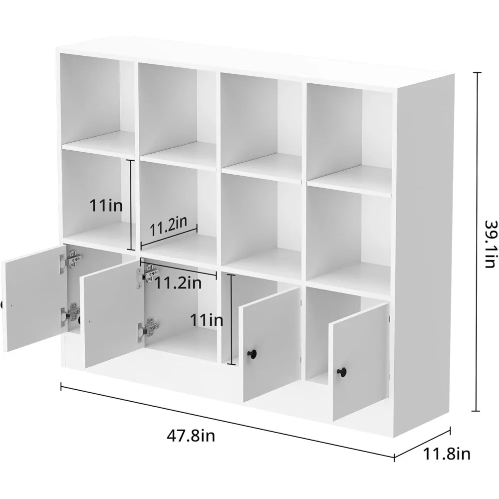 Bookshelf, Wood Bookcase with 3 Tier Shelves, 12 Cube Storage Organizer with Doors for Bedroom, Living Room, 47.8