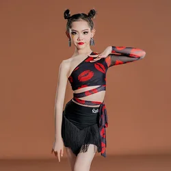 Girls Latin Dance Costume Outfit Single Sleeve Tops Tassel Skirt ChaCha Dancing Clothes Children Samba Tango Practice Wear