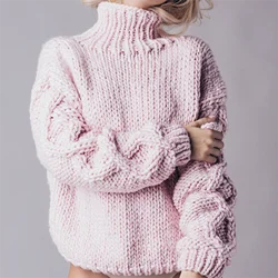 Light pink soft short pure wool women's high neck pullover sweater women's long sleeved soft women's thick needle new style