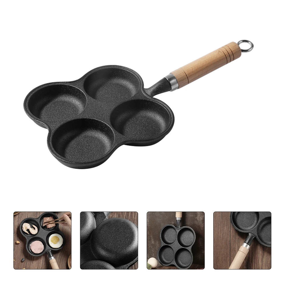 

4 Holes Nonstick Frying Pan Egg Bacon Steak Pancake Maker Iron Wood Handle Easy Clean Breakfast Skillet Kitchen for Kids