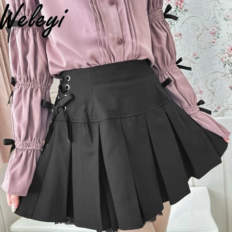 

Sweet Japanese Girls Lace Up Black Skirt 2024 Spring and Autumn New Japan Style Cute Side Buckle Strap Pleated Skirts for Women