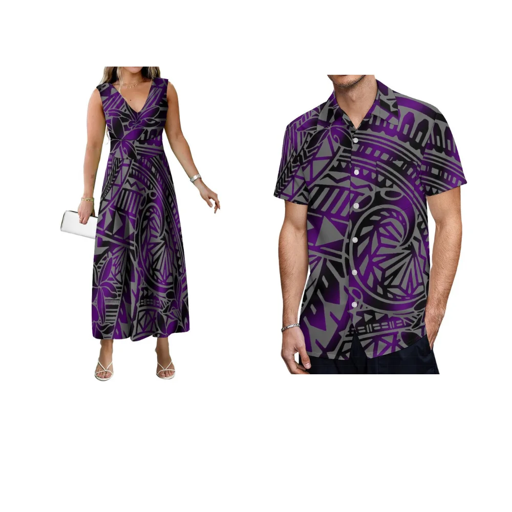 Elegant Sleeveless V-Neck Long Skirt Pocket Shirt Men And Women'S Suit Polynesian Art Print Custom Couple Party Dress Suit