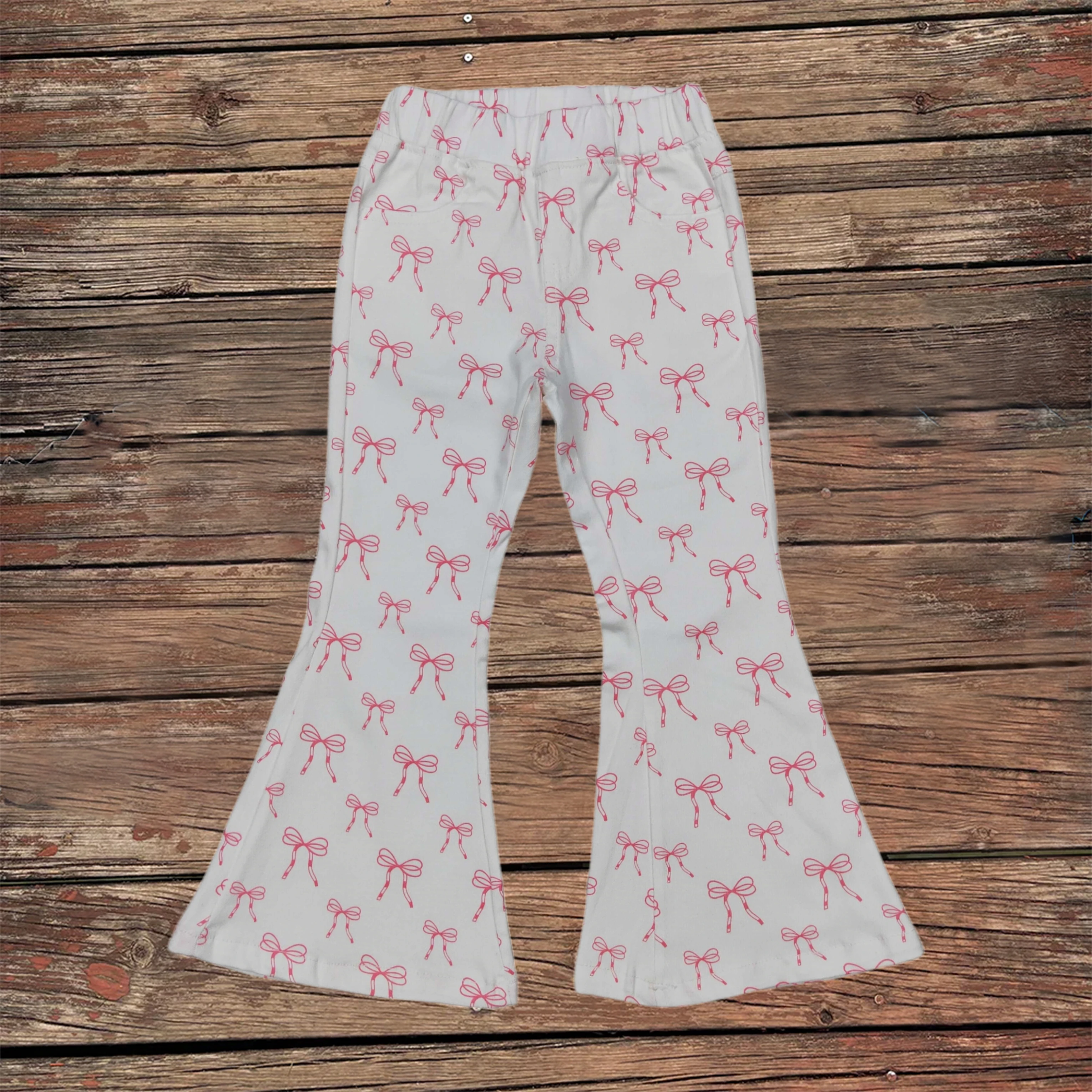 

Wholesale Boutique Baby Girl Pink Cute Bows Denim Trousers Kids Jeans Children Toddler Bell Bottom Pocket Flare Pants